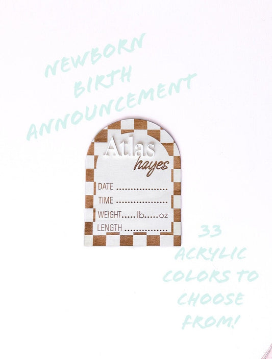 Birth Announcement Sign - Checkered Newborn name & stat sign/ Baby Name Announcement sign/ Hospital Name sign/ Newborn photo prop