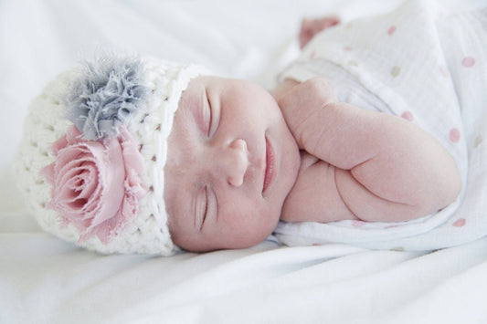 Cream beanie with dusty rose and gray flowers/ Newborn hat/ baby girl hat