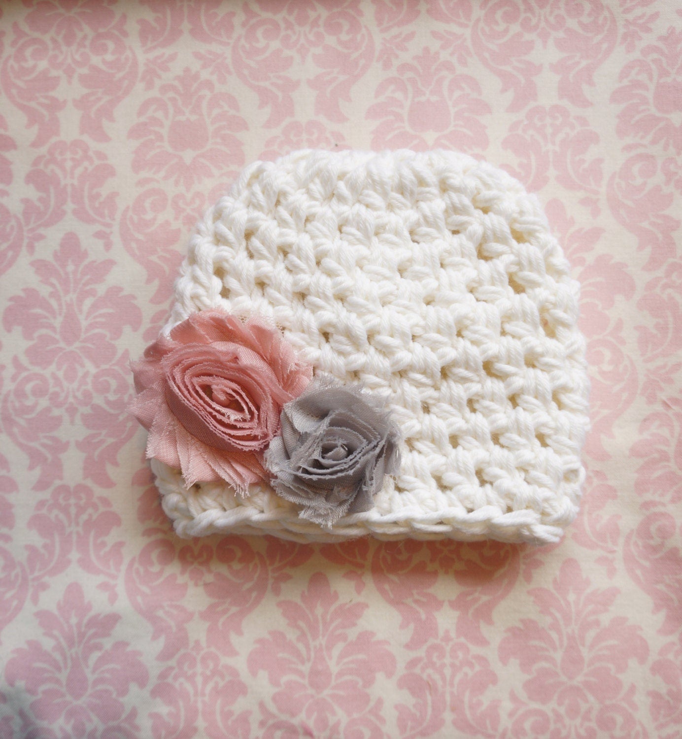 Cream beanie with dusty rose and gray flowers/ Newborn hat/ baby girl hat